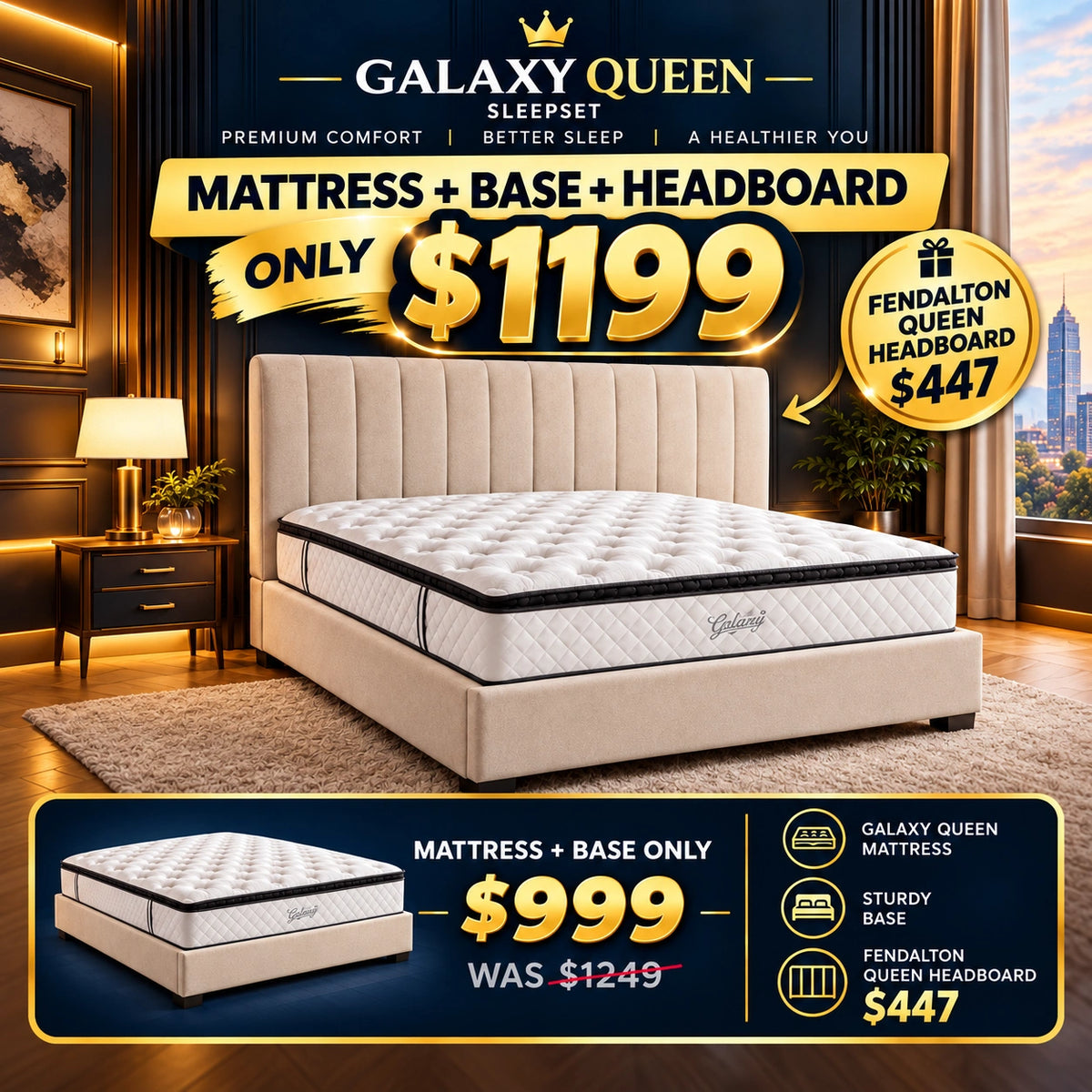 Galaxy Queen Sleep Set + Fendalton Headboard – Now or Never Bundle