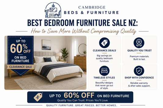 : bedroom furniture sale NZ — discounted beds and bedside furniture in showroom