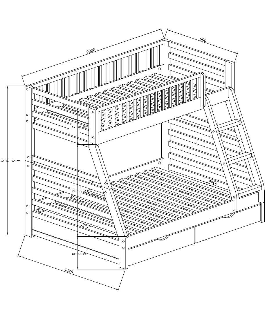 Wooden Bunk (S+D) White with 2 Bottom Drws - Image 2